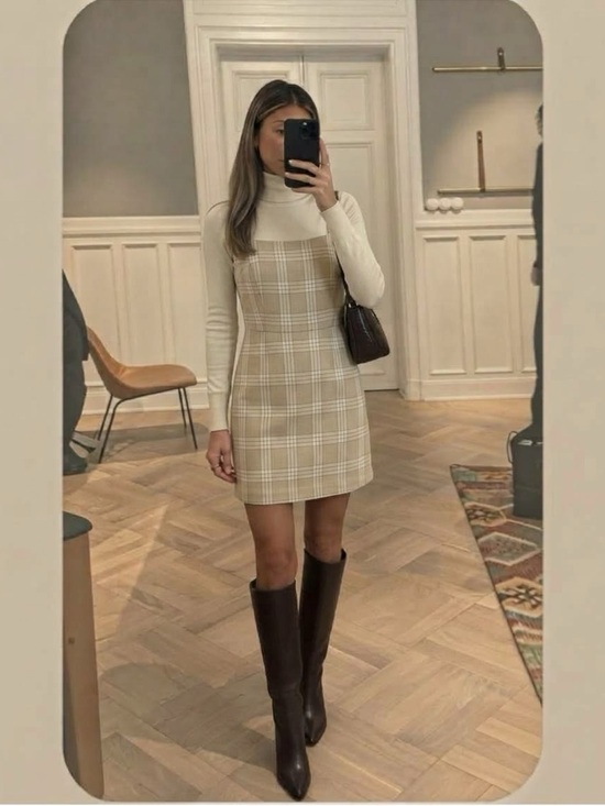 Wilfred Dresses & Skirts - Wilfred Aritzia Isabelle Plaid Mini Dress Tan Cream Slip Cami Size 4
